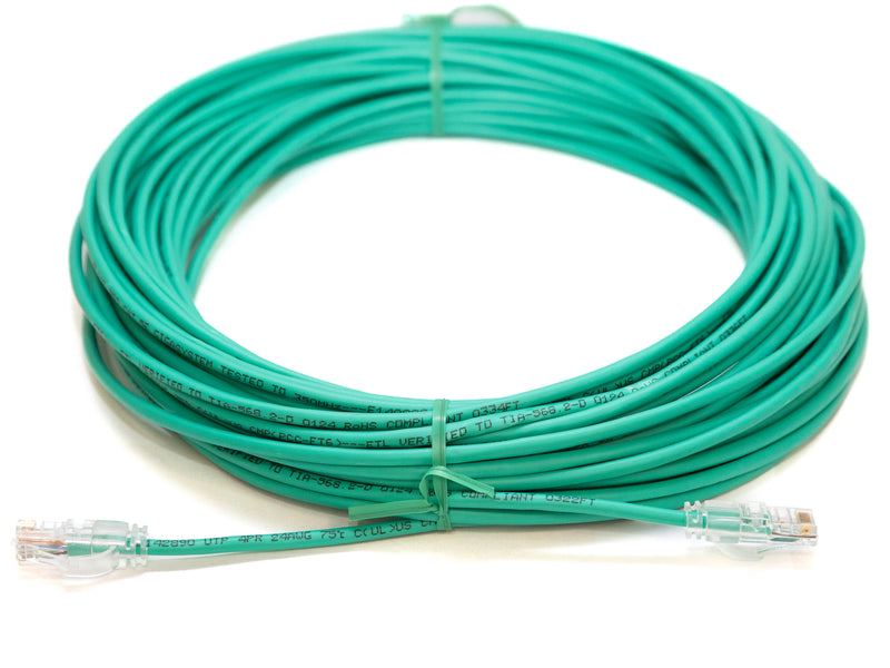 RJ45 Male to Male. Plenum rated cat6 cable with Slim Clear boots. UTP Green.