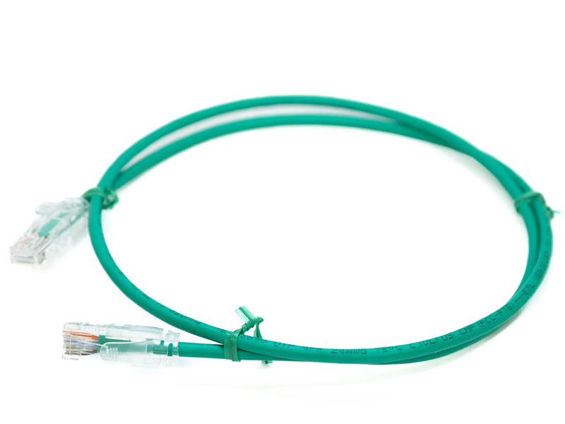 RJ45 Male to Male. Plenum rated cat5e cable with Slim Clear boots. UTP Green.