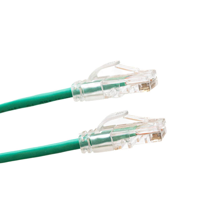 RJ45 Male to Male. Plenum rated cat6 cable with Slim Clear boots. UTP Green.