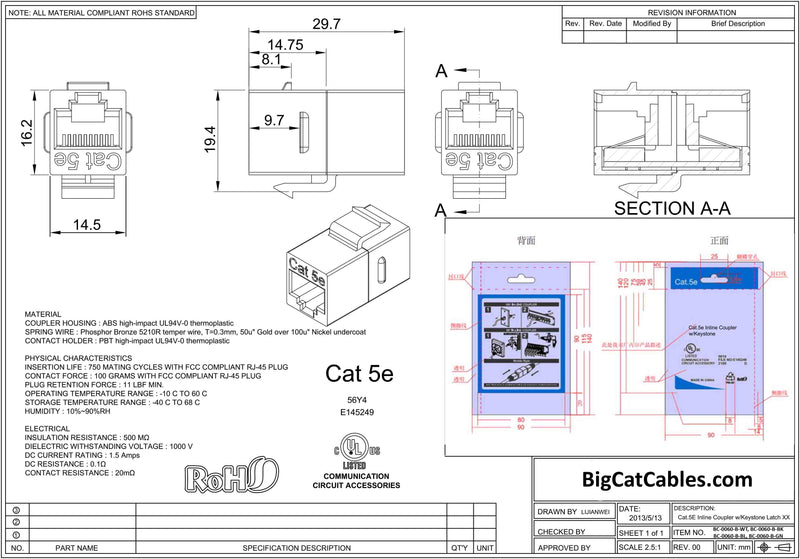 Cat. 5E Inline Coupler w/ Keystone Latch