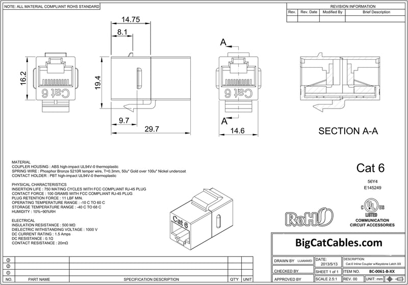 Cat. 6 Inline Coupler w/ Keystone Latch