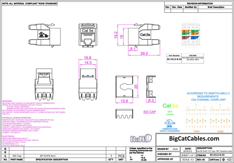 Cat.5E RJ45 110 Type 180° Keystone Jack