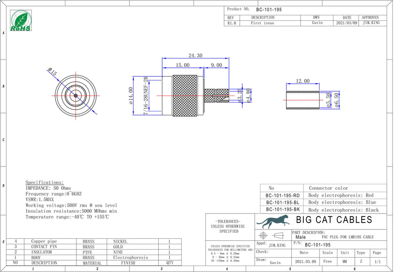 TNC Male Blue. Crimp connector for LMR195, RG58