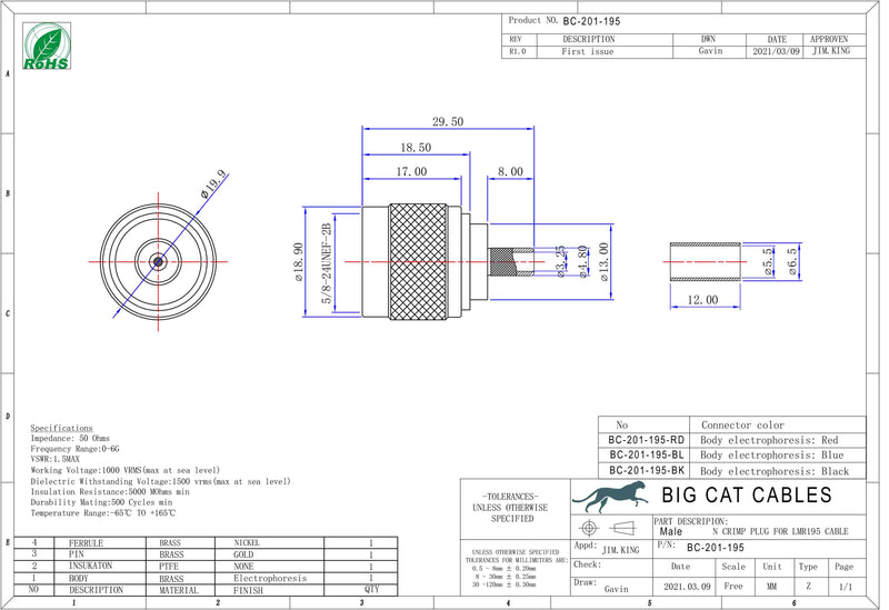 N Type Male Crimp connector Blue for LMR195, RG58