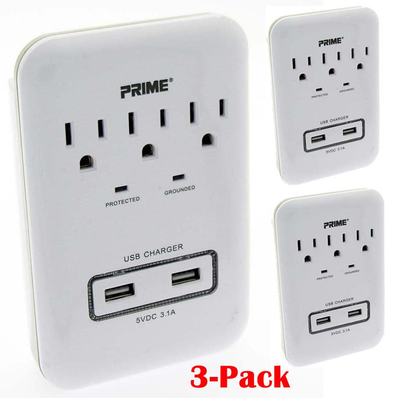 3 -Pack 3-Outlet Surge Protector with 2 USB Ports 3.1A 900J Protection